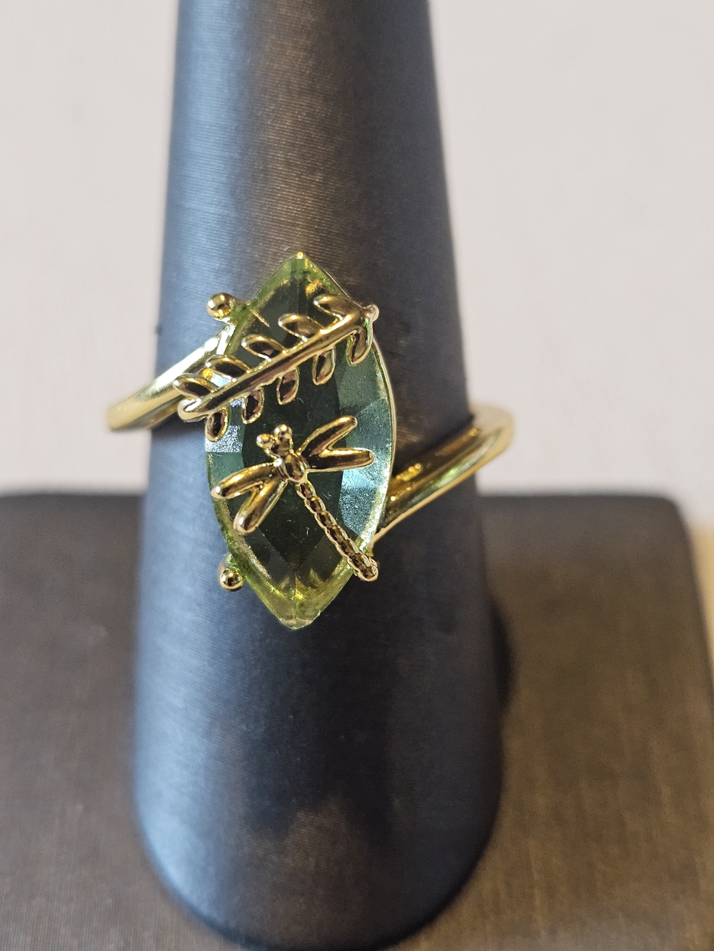 Gold Dragonfly Leaf Ring with Green Stone - Women Jewelry